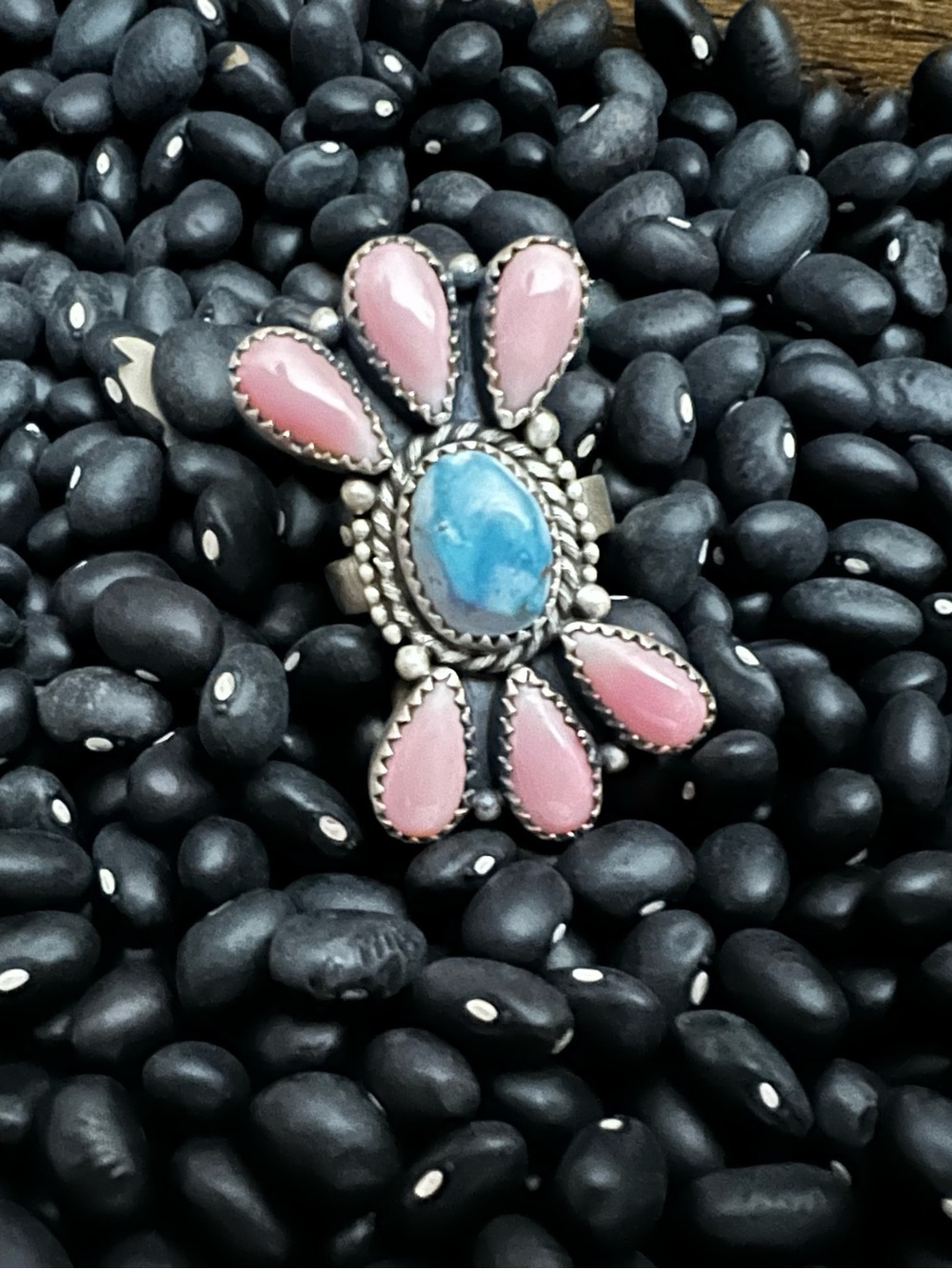 Sterling Silver Pink Conch & Turquoise Statement Ring